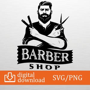 Puede incluir: Logotipo de barbería en blanco y negro con una ilustración estilizada de un barbero sosteniendo una navaja y unas tijeras. La palabra "BARBER SHOP" se muestra en una pancarta. La imagen también incluye las palabras "descarga digital" y "SVG/PNG".