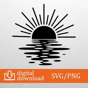 Può includere: Grafica in bianco e nero di un tramonto sull'acqua. Il sole è un semicerchio con linee radianti, riflesso nell'acqua sottostante. L'immagine include le parole "download digitale" e "SVG/PNG" in un banner arancione.