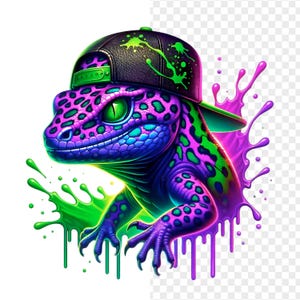 May include: A vibrant digital illustration of a gecko wearing a black and green baseball cap. The gecko is purple, blue, and green with a splash of purple and green paint. The gecko has green eyes and is smiling.