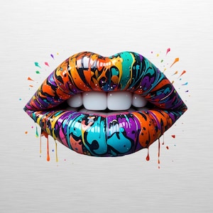 Colorful Marbled Lips PNG - Pop Art Dripping Paint Mouth, Abstract Graffiti Clipart, Urban Tattoo Design, Glossy Swirl Lips Digital Download