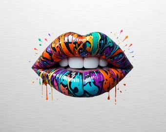 Colorful Marbled Lips PNG - Pop Art Dripping Paint Mouth, Abstract Graffiti Clipart, Urban Tattoo Design, Glossy Swirl Lips Digital Download