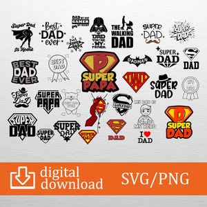 Op de afbeelding: Een verzameling zwarte en rode grafische ontwerpen met tekst, waaronder "Super Dad", "Best Dad Ever" en "Super Papa". De ontwerpen bevatten superheldenthema's, badges en de tekst "digital download SVG/PNG".