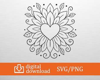Heart Mandala SVG Floral Flower Cut File for Cricut Silhouette Boho Frame Png Valentines Day Wedding Border Clipart Love Decal Vector DIY