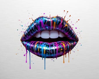 Metallic Glossy Graffiti Lips PNG, Pop Art Dripping Paint Mouth, Street Art Clipart, Urban Tattoo Design, Shiny Chrome Lips Digital Download