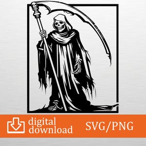 Grim Reaper Skull SVG PNG Digital Download - Gothic Art, Cricut Craft File, T-Shirt Design, Halloween Decor, Vinyl Cut, Printable Decal