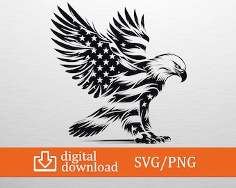 Pode incluir: Ilustração a preto e branco de uma águia com as asas abertas, incorporando o design da bandeira americana. As asas apresentam estrelas e listras, e a águia é retratada numa pose dinâmica. O texto "digital download" e "SVG/PNG" está incluído.