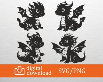 Baby Dragon Bandle SVG PNG, Cute Dragon Silhouette, Digital Download ...