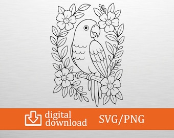 Parrot SVG Tropical Bird Wreath Cut File Cricut Silhouette Floral Frame Png Animal Clipart Exotic Flower Border TShirt Decal Laser Vector