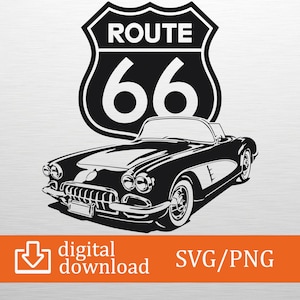Route 66 SVG & PNG Digital Download Vintage Car Clipart, Cricut File, T-Shirt Design, Travel Decor, Craft Cut, Printable Graphic, Road Trip