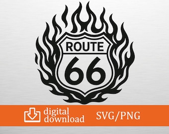 Route 66 Flaming SVG PNG Digital Download - Fire Sign Clipart, Cricut File, T-Shirt Design, Biker Decor, Craft, Printable Art, Vintage Road