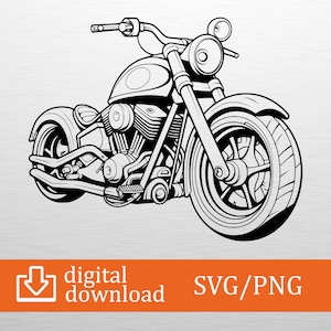 May include: A monochrome illustration of a motorcycle. The image depicts a detailed side view of a classic motorbike with a large front tyre, handlebars, and engine components. The text "digital download" and "SVG/PNG" are at the bottom.