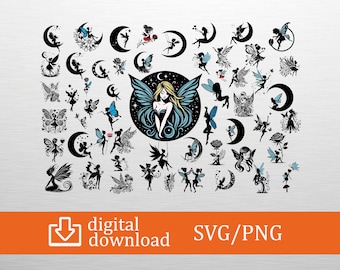 Fairy SVG & PNG Digital Download - Moon Fairies Clipart, Fantasy Vector, Cricut File, Nursery Art, Floral Fairy Design, Boho Decor,Craft Cut