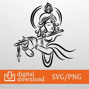以下が含まれることがあります： 黒と白の線画イラストで、フルートを演奏する神を描いています。この人物は光輪を持ち、羽飾りの頭飾りを身に着けています。画像には、オレンジ色のボックスに「デジタルダウンロード」と「SVG/PNG」という言葉が含まれています。