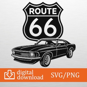 Route 66 Car SVG & PNG Digital Download - Vintage Car Clipart, Cricut File, T-Shirt Design, Travel Decor, Craft Cut, Printable Retro Art