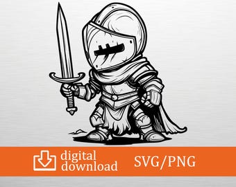 Descarga digital de caballero en formato SVG y PNG: imágenes prediseñadas de guerrero adorable, archivo para Cricut, diseño de camisetas, decoración medieval, arte imprimible, regalo de caballero.