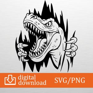 May include: Black and white illustration of a Tyrannosaurus Rex breaking through a jagged, dark background. The dinosaur's mouth is open, revealing sharp teeth. The image includes the text "digital download SVG/PNG".