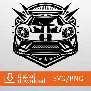 以下が含まれることがあります： レースストライプのあるスポーツカーの白黒グラフィック。星の付いたシールドの形をしています。「digital download」と「SVG/PNG」のテキストが含まれています。