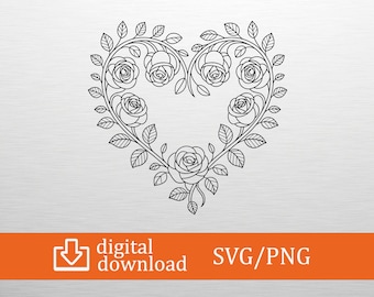 Rose Heart SVG Floral Wreath Cut File Cricut Silhouette Flower Frame Png Wedding Monogram Valentines Day Border Clipart Laser Die Cut Vector