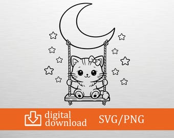 Cat on Moon SVG Cute Kitten Swing Cut File for Cricut Silhouette Moon and Stars Png Kawaii Animal Shirt Design Baby Girl Nursery Decor DIY
