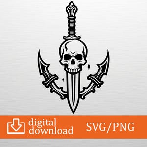 Skull with Sword SVG PNG Digital Download Gothic Art, Cricut Craft File, T-Shirt Design, Pirate Decor, Vinyl Cut, Printable Decal, DIY Craft