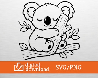 Cute Koala SVG Sleep Animal Cut File for Cricut Silhouette Bear Tree Branch Png Kids Nursery Decor Clipart Baby Shower TShirt Vector DIY