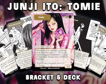 May include: A collection of Junji Ito Tomie themed trading cards featuring black and white manga panels and one central card with a pink-toned illustration of a woman holding a knife and a small photograph, with text reading I am Tomie.
