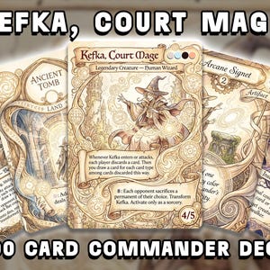 May include: A 100 card commander deck featuring the Kefka, Court Mage trading card. The central card displays a wizard illustration with ornate cream and brown borders, text detailing game abilities, and a 4/5 power and toughness rating.