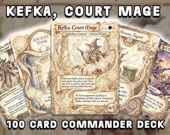 May include: A 100 card commander deck featuring the Kefka, Court Mage trading card. The central card displays a wizard illustration with ornate cream and brown borders, text detailing game abilities, and a 4/5 power and toughness rating.