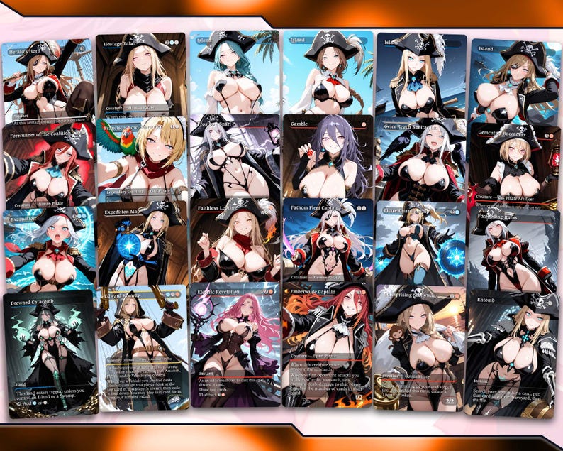 May include: A collection of fantasy art trading cards featuring female pirate characters. Each card showcases a different character in various poses, with detailed costumes and accessories. The cards have a dark, stylized aesthetic.