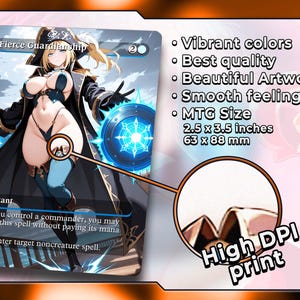 May include: A trading card featuring a female character in a black and blue outfit, with blonde hair. The card is labeled "Fierce Guardianship" and includes text about casting spells. The card is 2.5 x 3.5 inches.