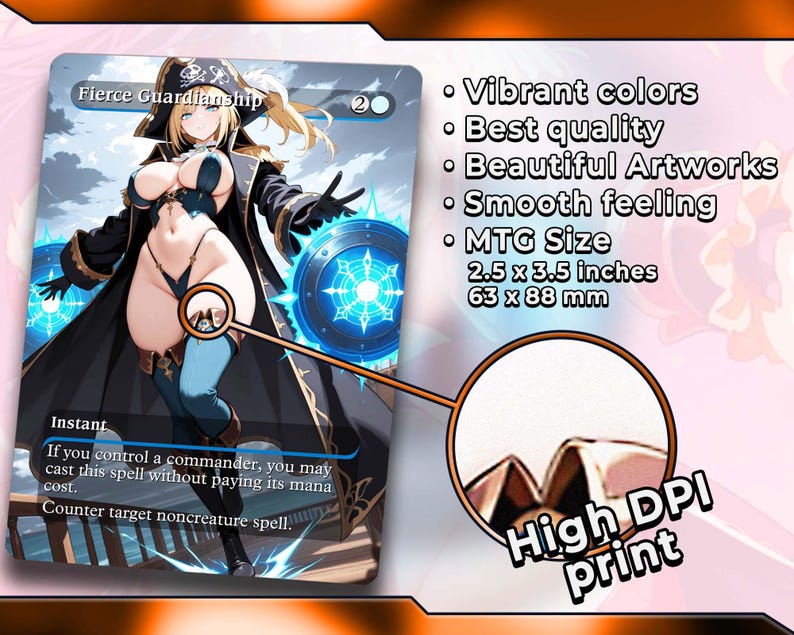 May include: A trading card featuring a female character in a black and blue outfit, with blonde hair. The card is labeled "Fierce Guardianship" and includes text about casting spells. The card is 2.5 x 3.5 inches.