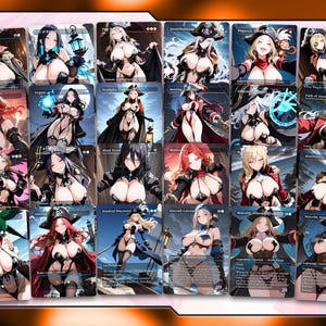 May include: A collection of fantasy art trading cards featuring various female characters in detailed, stylized illustrations. Each card showcases a unique character design with vibrant colors and intricate details, suitable for collectors.