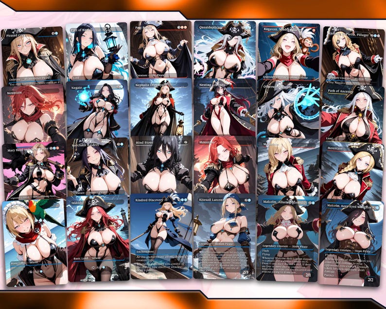 May include: A collection of fantasy art trading cards featuring various female characters in detailed, stylized illustrations. Each card showcases a unique character design with vibrant colors and intricate details, suitable for collectors.