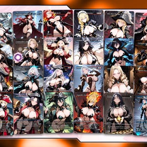May include: A collection of fantasy art trading cards featuring various female characters in revealing outfits. Each card has a unique design, with detailed illustrations and text.