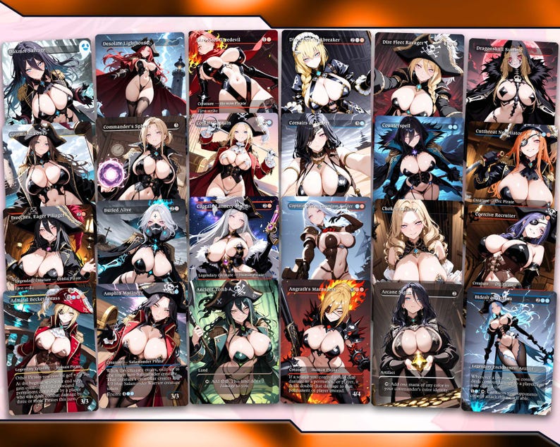 May include: A collection of fantasy art trading cards featuring various female characters in revealing outfits. Each card has a unique design, with detailed illustrations and text.