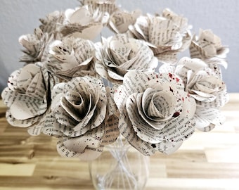 Horror Book Page Roses, Handmade Paper Flower Bouquet, Bookish Gift