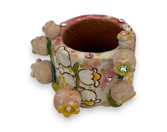 Vaso de cerâmica artesanal para suculentas – Flor de sino rosa com strass