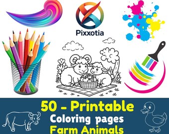 May include: An image featuring various artistic elements, including a swirl of colorful paint, a logo, paint splatters, a set of colored pencils in a wire cup, a black and white illustration of sheep, and a paintbrush design. The text reads "50 - Printable Coloring pages Farm Animals."