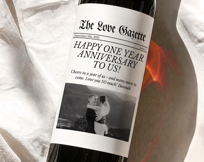 Personalized Wedding Newspaper Wine Label, Anniversary Gift for Husband, Wife, Boyfriend or Girlfriend