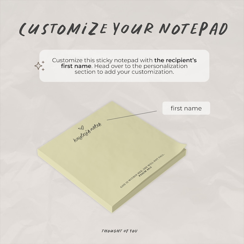 May include: A square, pale yellow sticky notepad featuring the text 'kayley's notes' with a small heart icon above it, and the scripture 'GOD IS WITHIN HER, SHE WILL NOT FALL. PSALM 46:5' printed in the bottom right corner.
