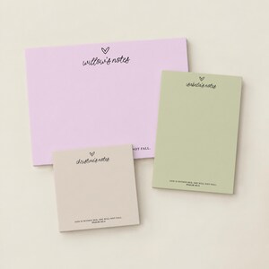 May include: Three rectangular notepads in light purple, sage green, and beige. The purple pad reads willow's notes, the green pad reads isabela's notes, and the beige pad reads christine's notes. Each includes a heart icon and Psalm 46:5.