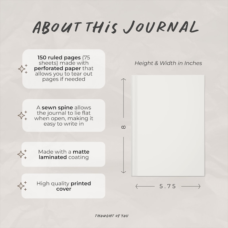 Pu&ograve; includere: Un diario bianco con la scritta "ABOUT THIS JOURNAL". Il diario ha 150 pagine a righe, una rilegatura cucita e un rivestimento laminato opaco. Misura 20,3 cm di altezza e 14,6 cm di larghezza.