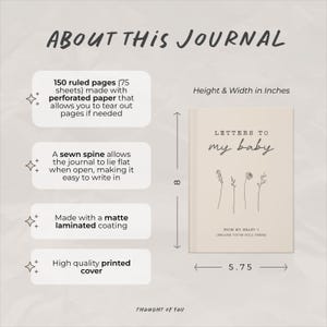 Op de afbeelding: Een beige journal met de titel "Brieven aan mijn baby" en de tekst "Vanuit mijn hart" op de omslag. Het journal is 20,32 cm hoog en 14,61 cm breed. Het heeft 150 geruite pagina's, een genaaide rug en een matte gelamineerde coating.