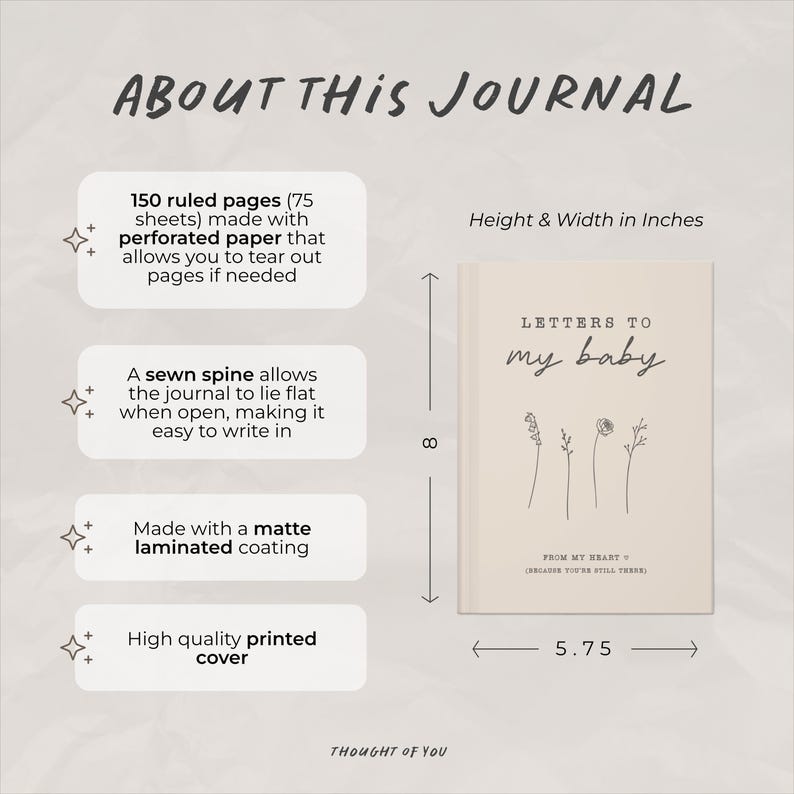 Op de afbeelding: Een beige journal met de titel "Brieven aan mijn baby" en de tekst "Vanuit mijn hart" op de omslag. Het journal is 20,32 cm hoog en 14,61 cm breed. Het heeft 150 geruite pagina's, een genaaide rug en een matte gelamineerde coating.