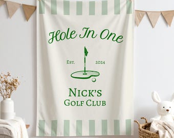 Hole in One First Birthday Banner, Custom Name 1st Birthday Tapestry, Baby Boy First Birthday Fabric Sign, Golf Themed Birthday Welcome Sign