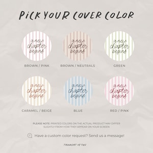 May include: An image displaying six colour options for a product cover. Each option is a circle with vertical stripes and the text "a new chapter begins." Colours include brown/pink, brown/neutrals, green, caramel/beige, blue, and red/pink.