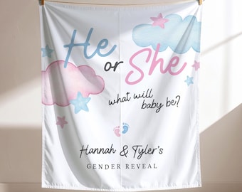He or She Gender Reveal Fabric Banner: Boy or Girl Baby Announcement Sign