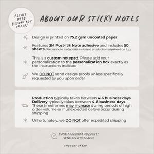 K&ouml;nnte beinhalten: Eine informative Grafik mit dem Titel ABOUT OUR STICKY NOTES. Sie beschreibt Produktspezifikationen wie 75,2 g/m&sup2; ungestrichenes Papier, 3M Post-It Klebstoff und 50 Blatt pro Block. Sie enth&auml;lt Anweisungen zur Personalisierung und zu Produktionszeiten.