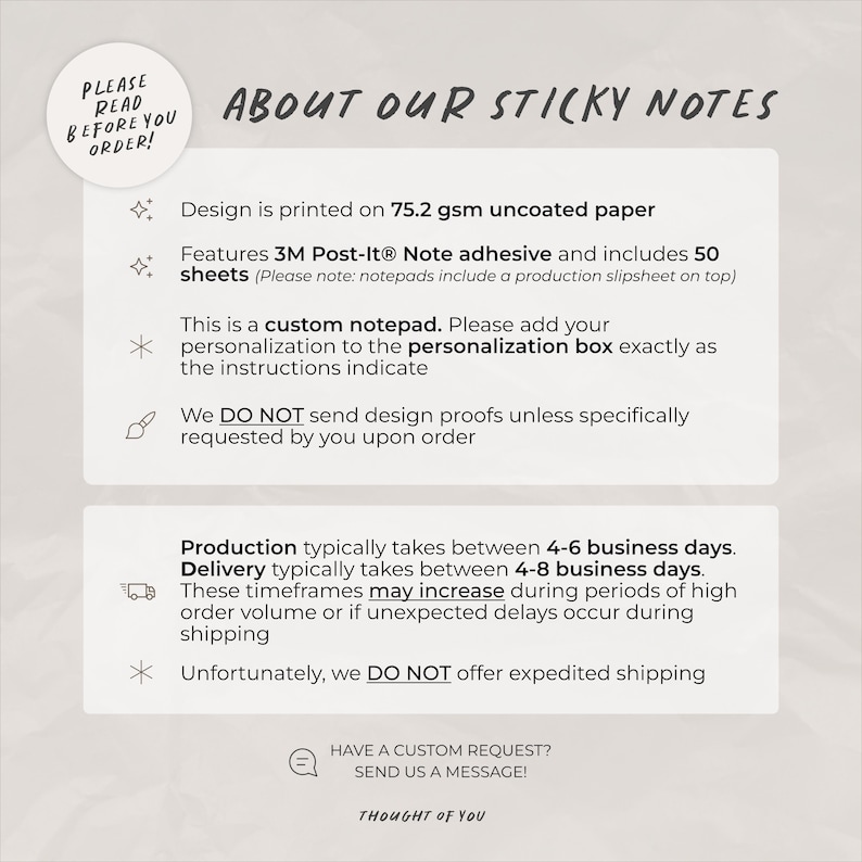 K&ouml;nnte beinhalten: Eine informative Grafik mit dem Titel ABOUT OUR STICKY NOTES. Sie beschreibt Produktspezifikationen wie 75,2 g/m&sup2; ungestrichenes Papier, 3M Post-It Klebstoff und 50 Blatt pro Block. Sie enth&auml;lt Anweisungen zur Personalisierung und zu Produktionszeiten.