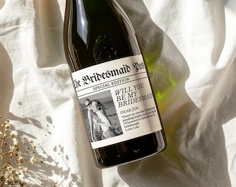 Bridesmaid Proposal Wine Label, Personalized Wedding Newspaper Sticker, Be My Maid of Honor Gift for Proposal Box, Custom Champagne Label